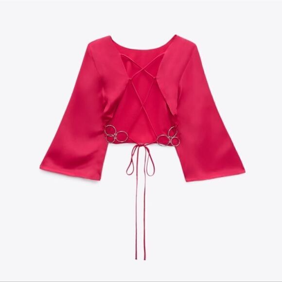 NWT ZARA SATIN TOP WITH RING DETAIL HOT PINK BARBIE PINK TREND - Picture 5 of 6
